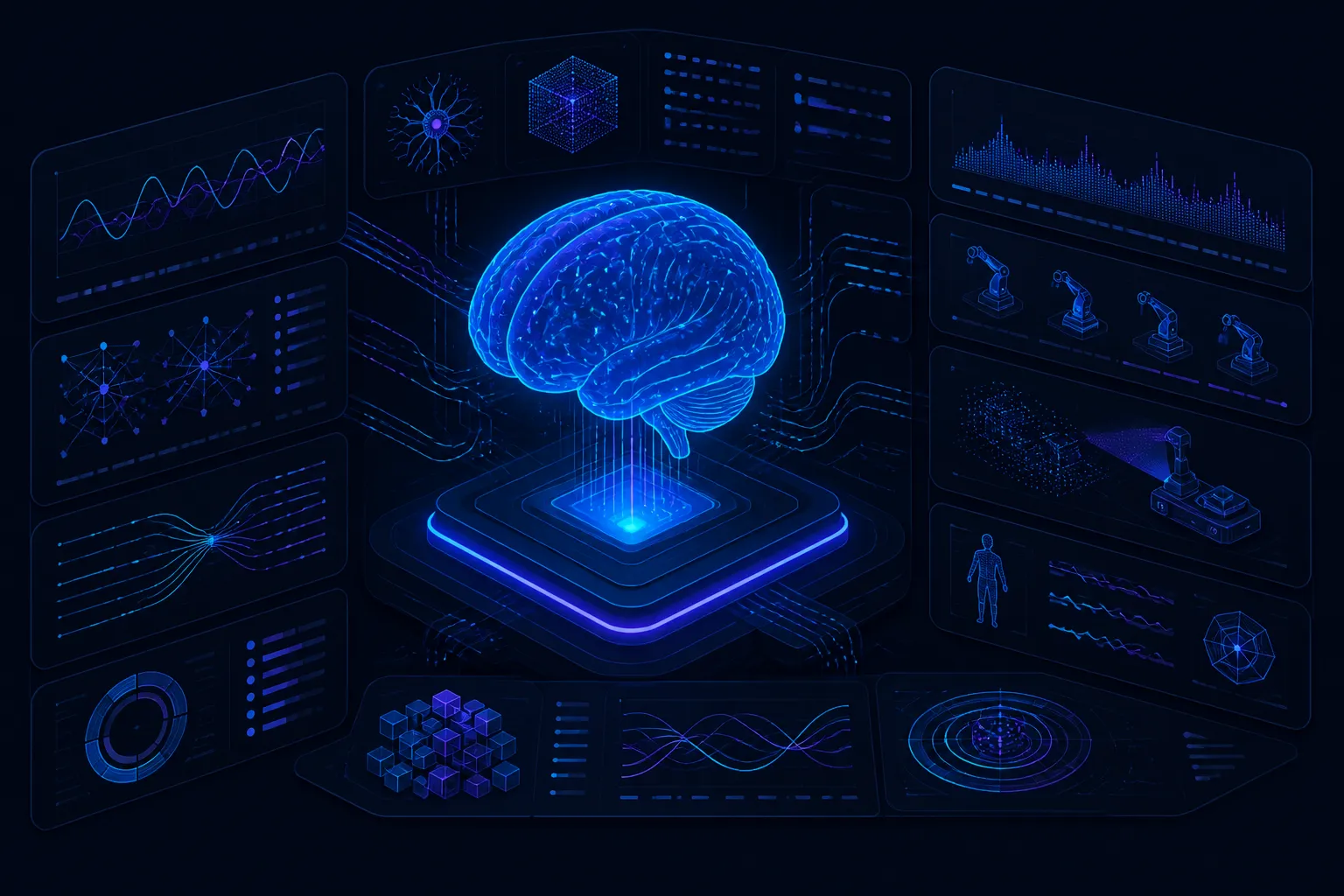Futuristic dashboard displaying continuous streams of data from a glowing artificial brain